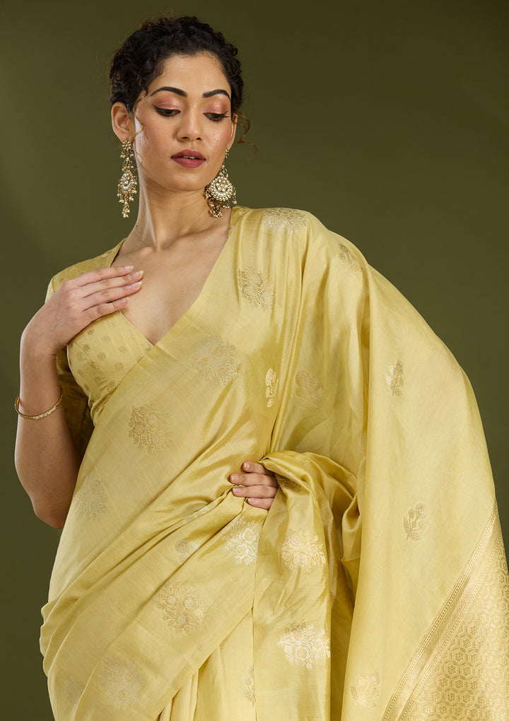 Gold Silk Buti Silver Zariwork Saree With Matching Blouse Piece