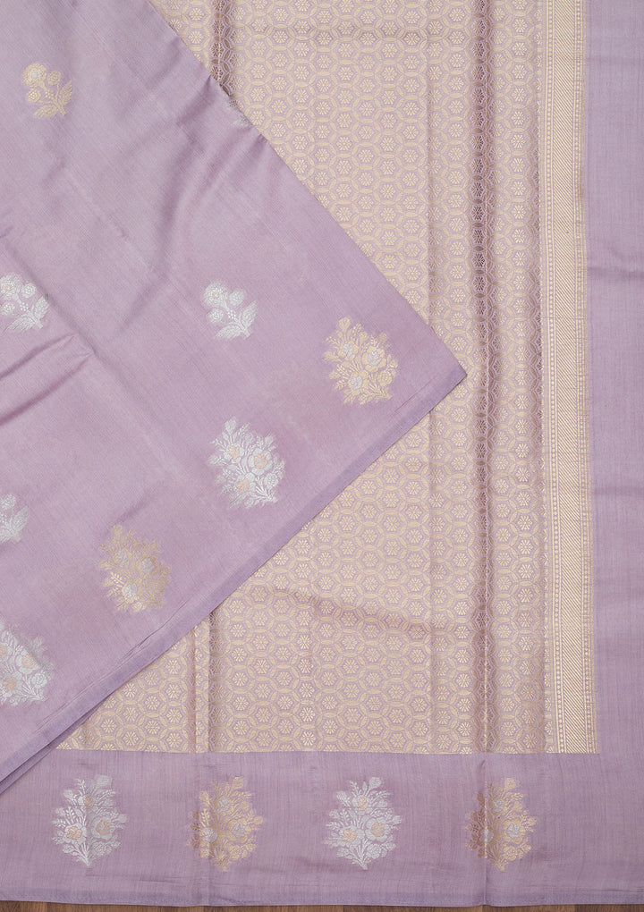 Lavender Silk Buti Silver Zariwork Saree With Matching Blouse Piece
