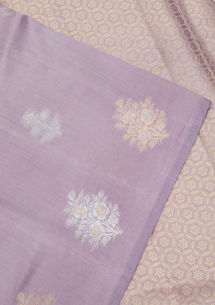 Lavender Silk Buti Silver Zariwork Saree With Matching Blouse Piece