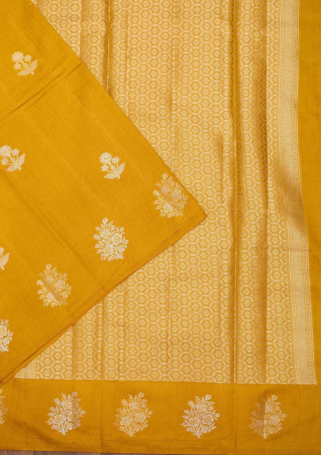 Mustard Silk Buti Silver Zariwork Saree With Matching Blouse Piece