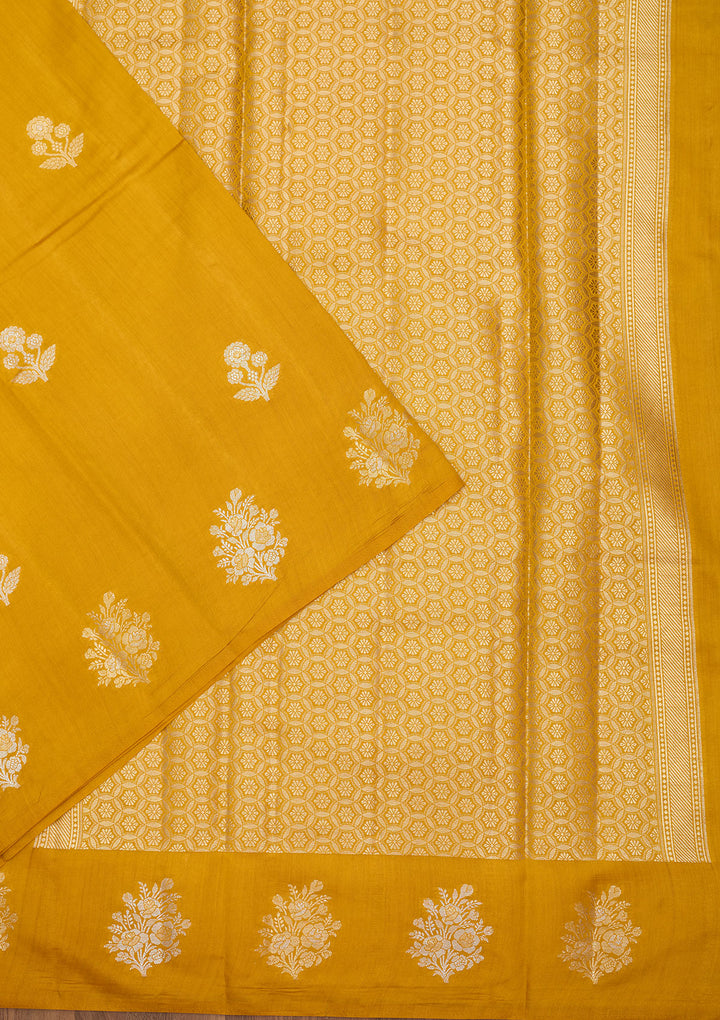Mustard Silk Buti Silver Zariwork Saree With Matching Blouse Piece