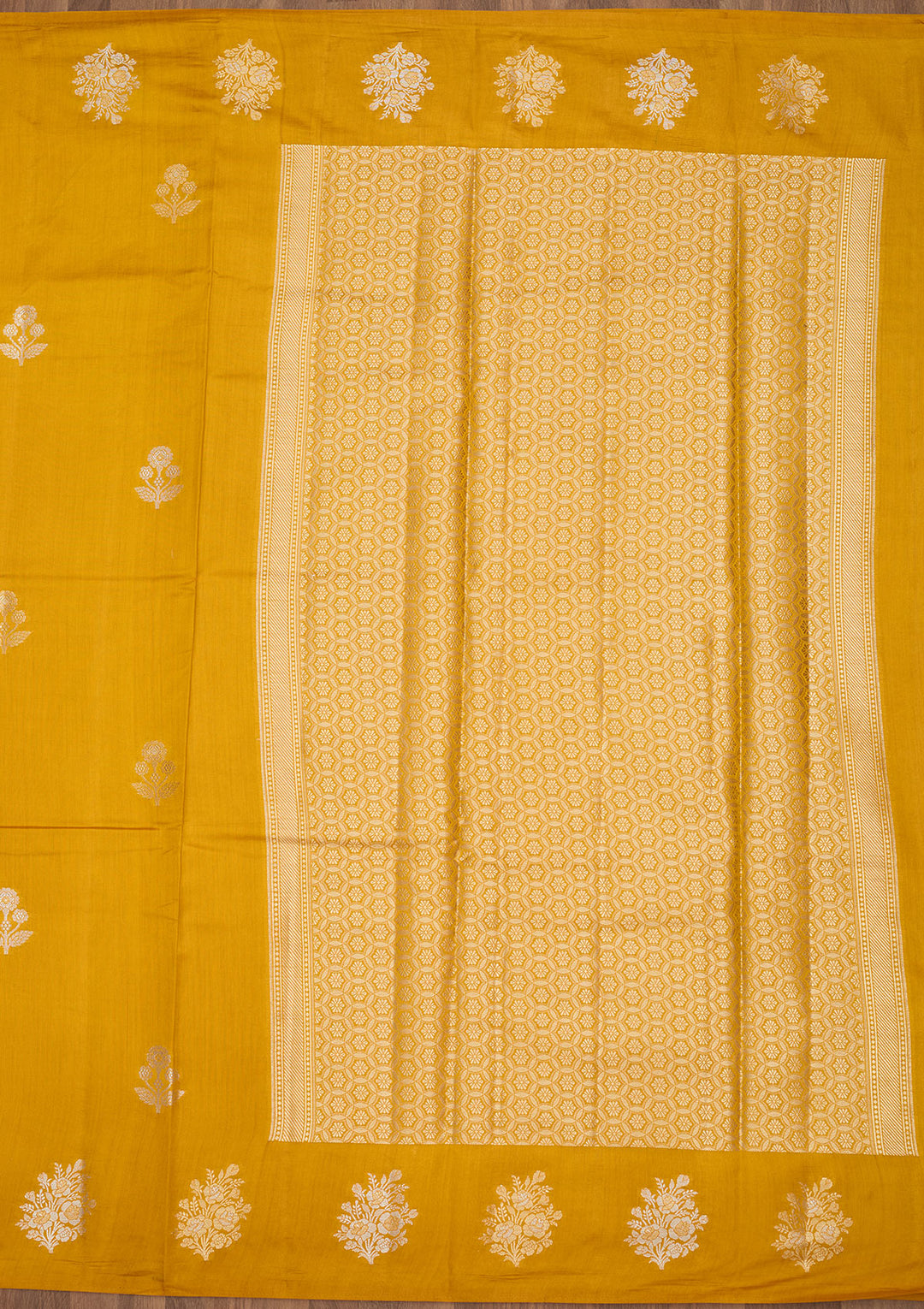 Mustard Silk Buti Silver Zariwork Saree With Matching Blouse Piece