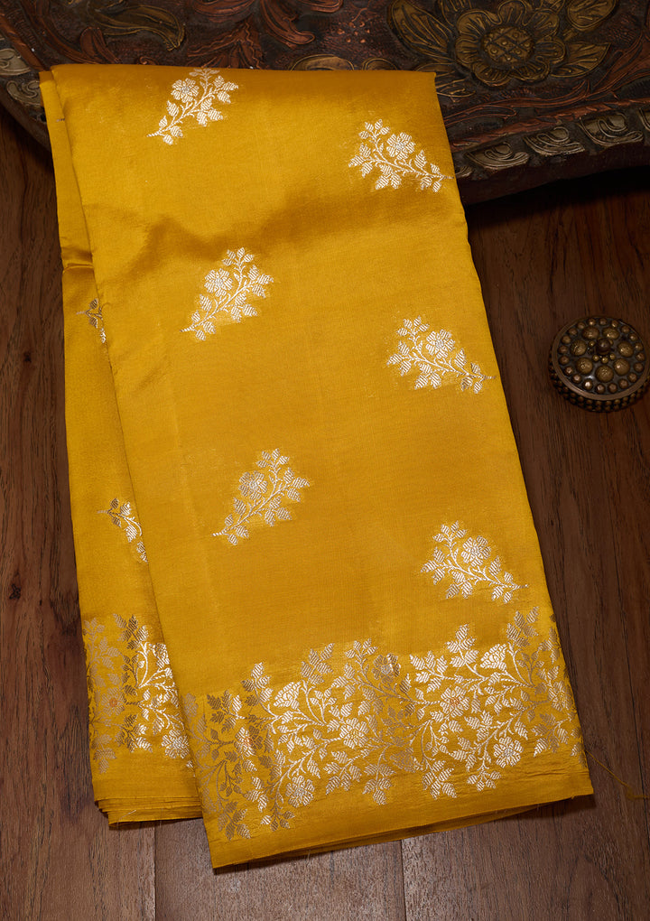 Mustard Silk Buti Gold Zariwork Saree With Matching Blouse Piece