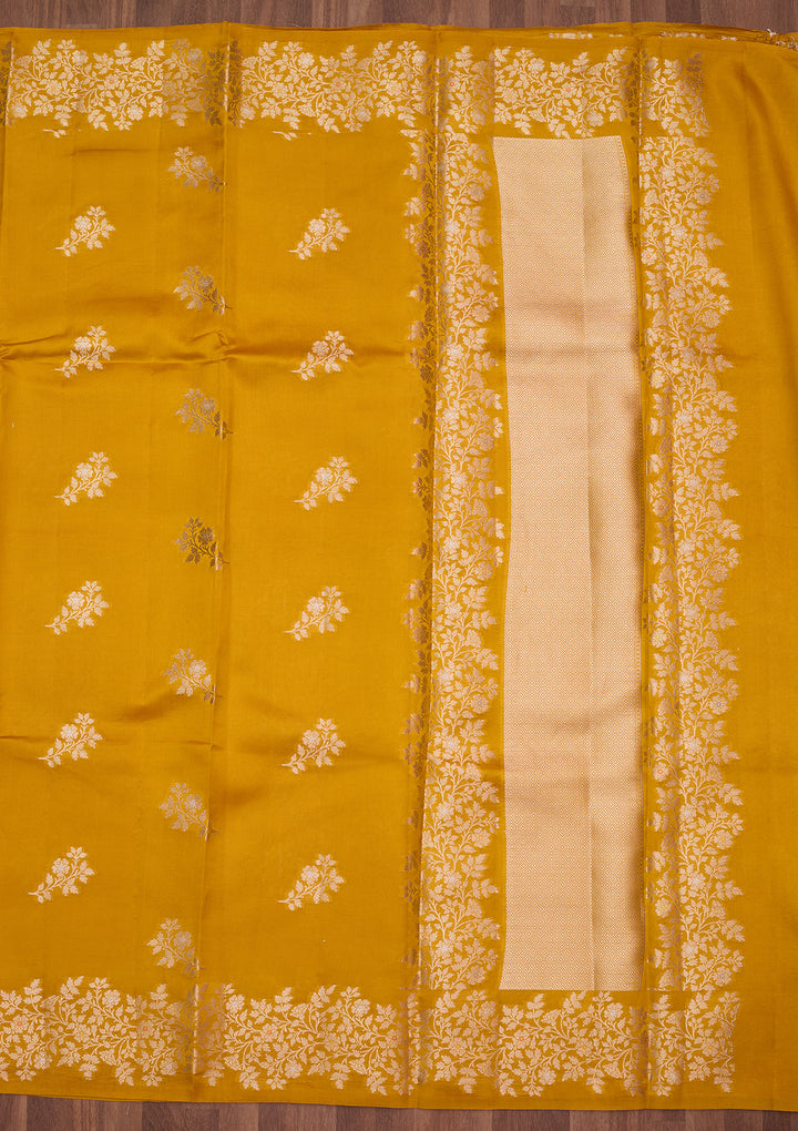 Mustard Silk Buti Gold Zariwork Saree With Matching Blouse Piece