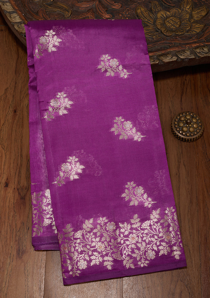 Purple Silk Buti Gold Zariwork Saree With Matching Blouse Piece
