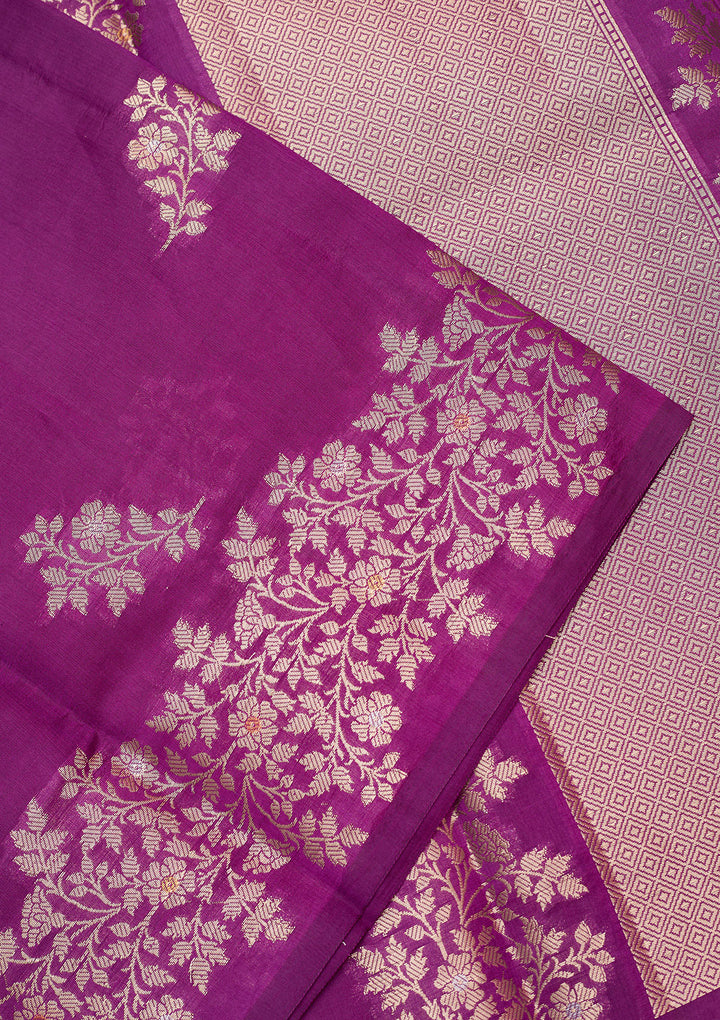 Purple Silk Buti Gold Zariwork Saree With Matching Blouse Piece
