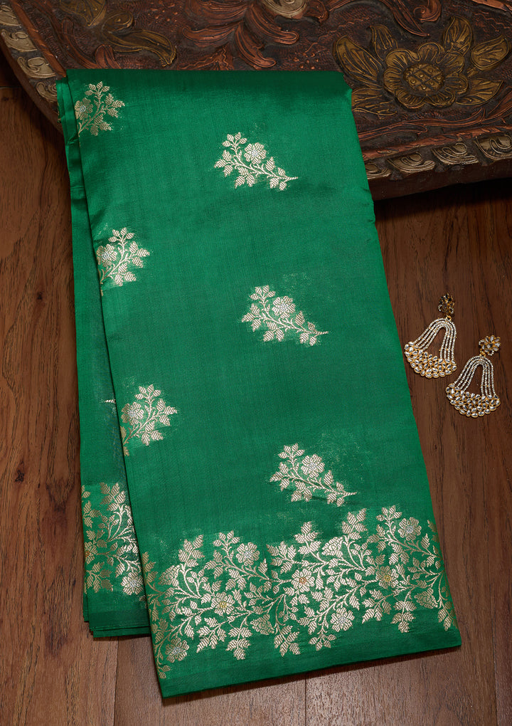 Rama Green Silk Buti Gold Zariwork Saree With Matching Blouse Piece