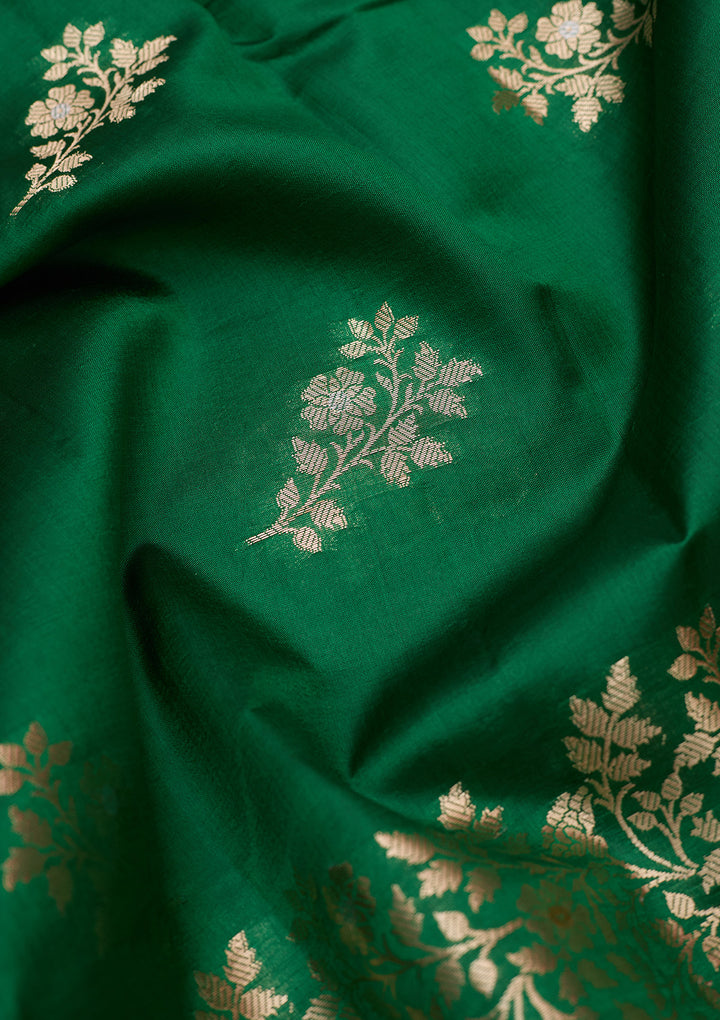 Rama Green Silk Buti Gold Zariwork Saree With Matching Blouse Piece