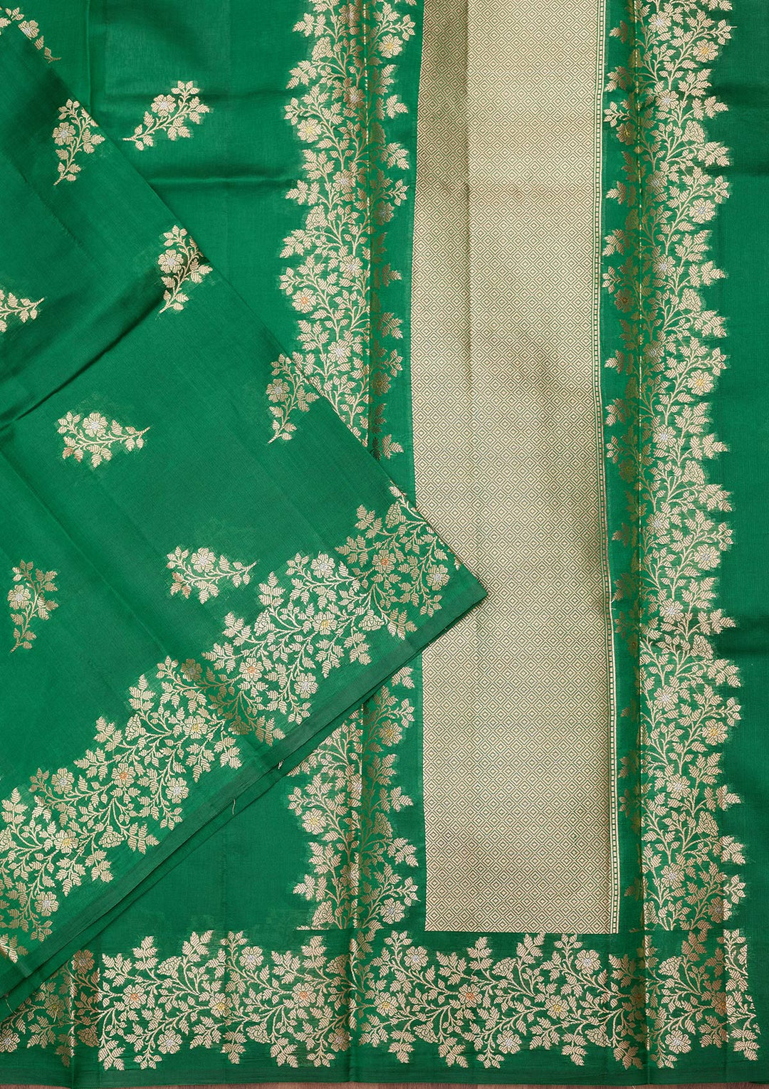 Rama Green Silk Buti Gold Zariwork Saree With Matching Blouse Piece