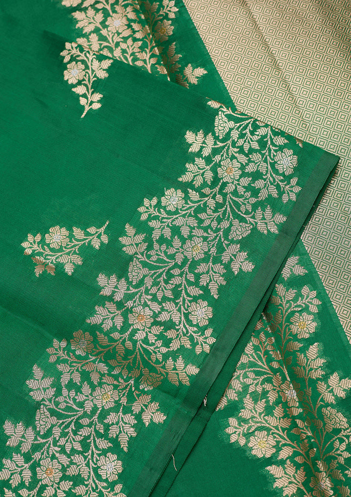 Rama Green Silk Buti Gold Zariwork Saree With Matching Blouse Piece