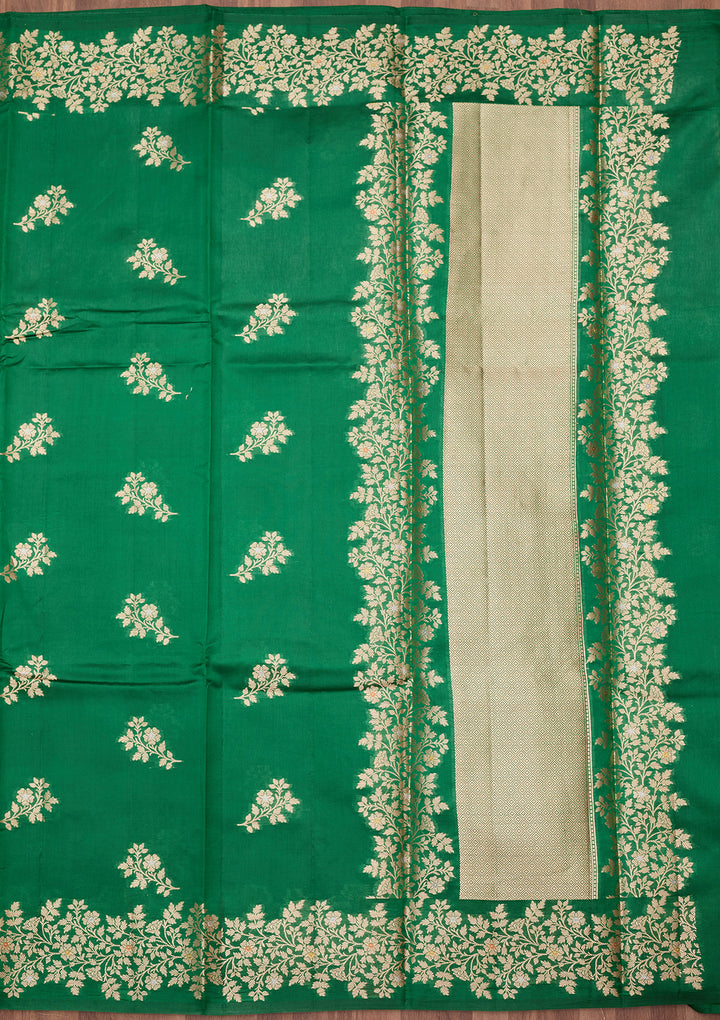 Rama Green Silk Buti Gold Zariwork Saree With Matching Blouse Piece
