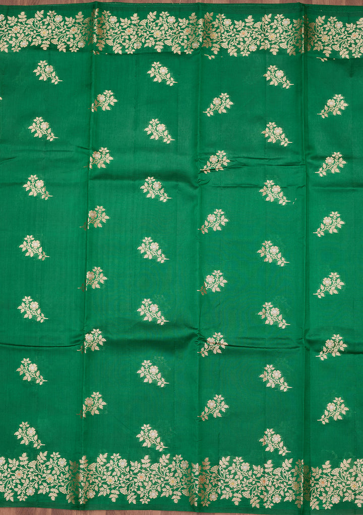 Rama Green Silk Buti Gold Zariwork Saree With Matching Blouse Piece