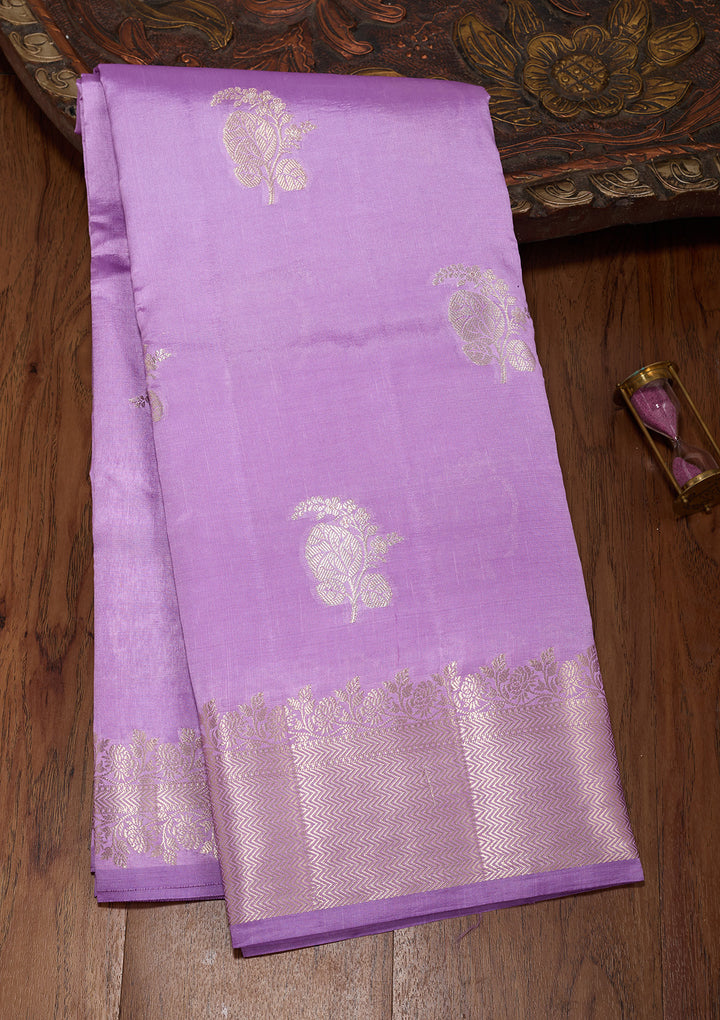 Lavender Silk Buti Gold Zariwork Saree With Matching Blouse Piece