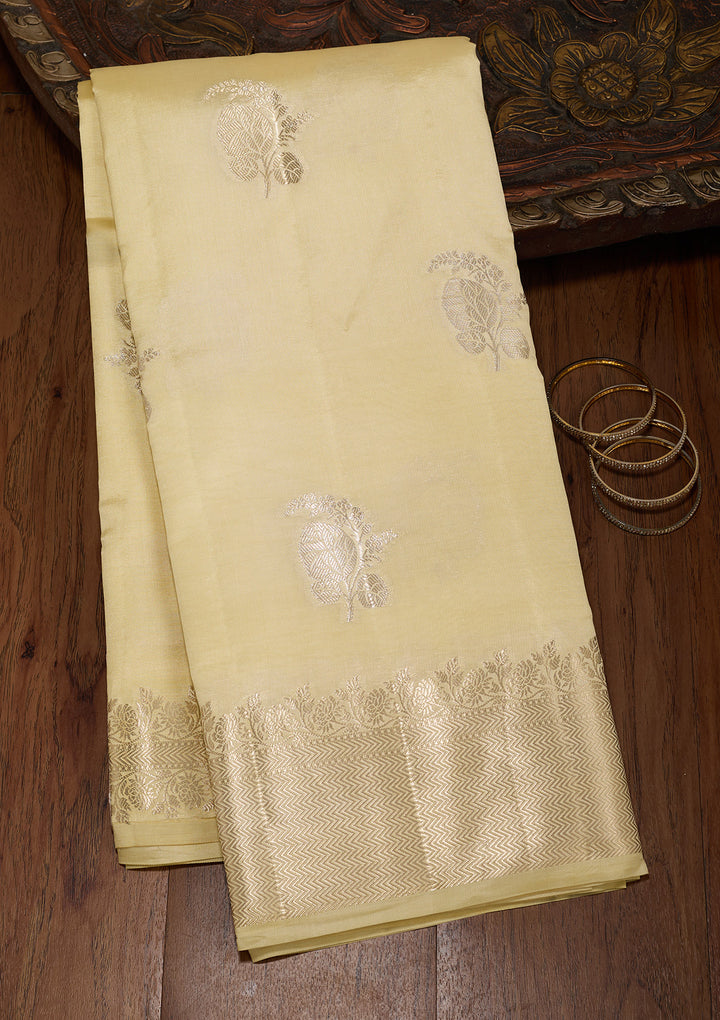 Lemon Yellow Silk Buti Gold Zariwork Saree With Matching Blouse Piece