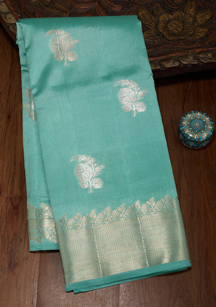 Sky Blue Silk Buti Gold Zariwork Saree With Matching Blouse Piece