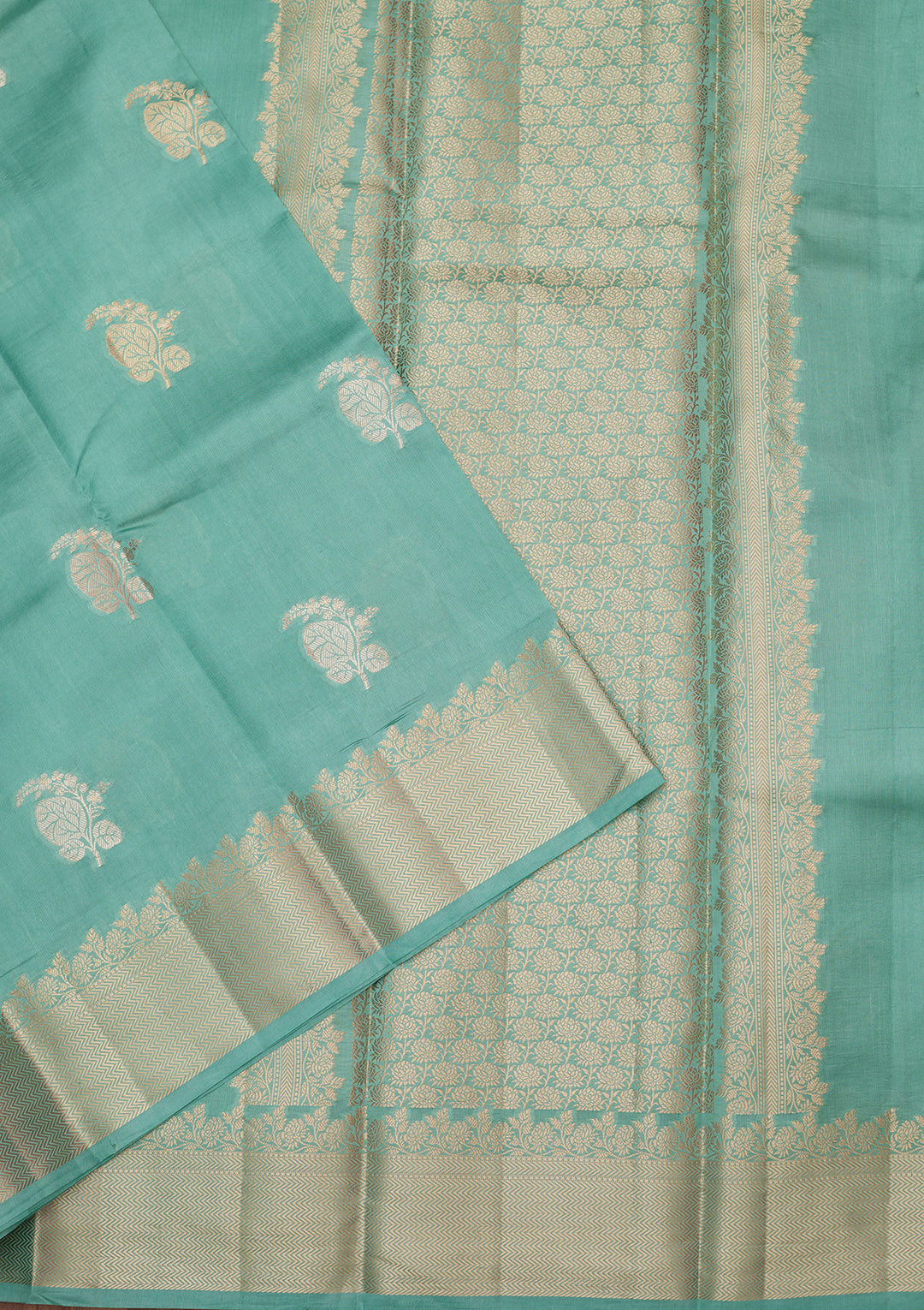 Sky Blue Silk Buti Gold Zariwork Saree With Matching Blouse Piece
