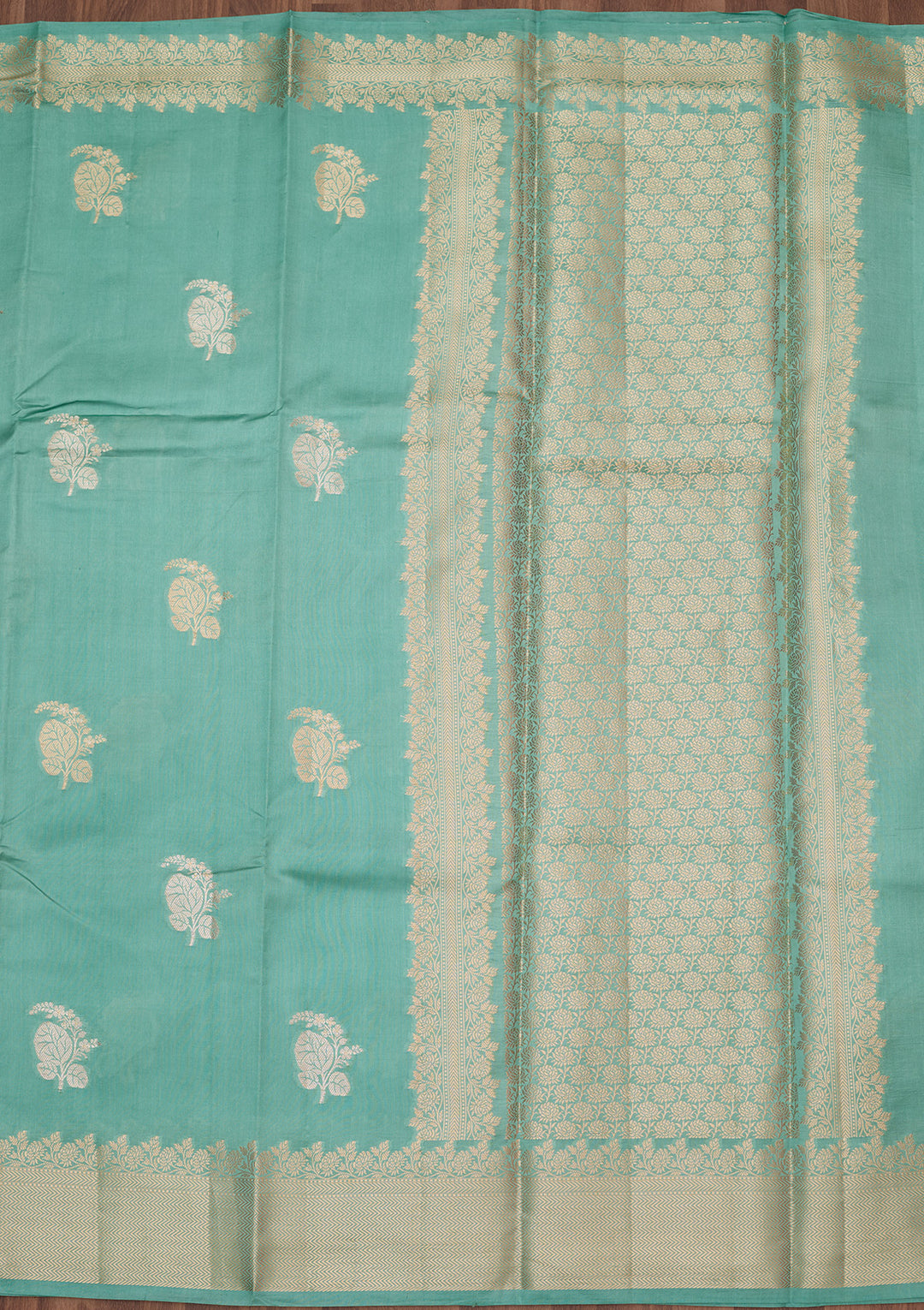 Sky Blue Silk Buti Gold Zariwork Saree With Matching Blouse Piece