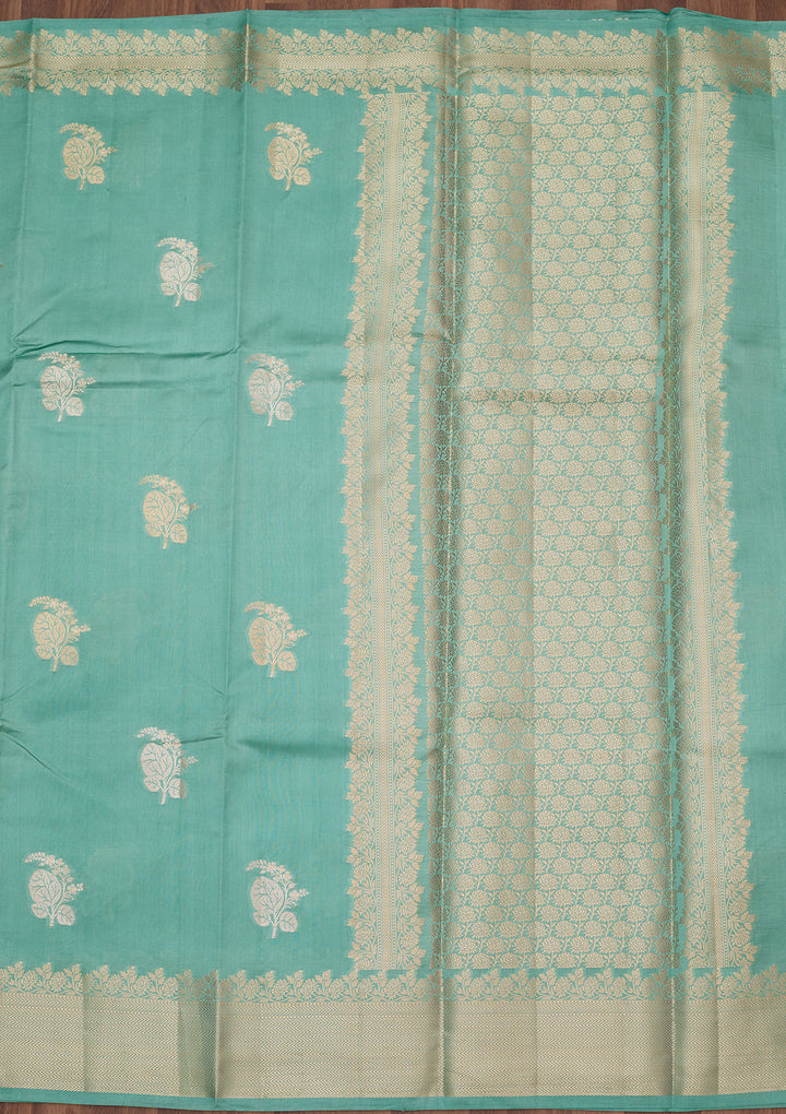 Sky Blue Silk Buti Gold Zariwork Saree With Matching Blouse Piece