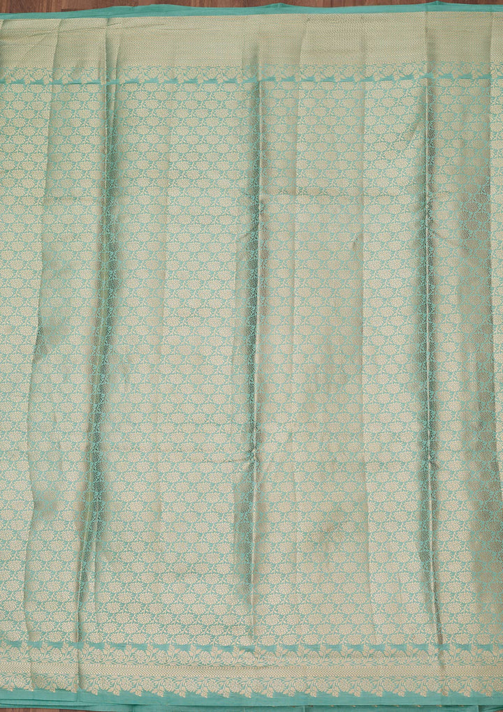 Sky Blue Silk Buti Gold Zariwork Saree With Matching Blouse Piece