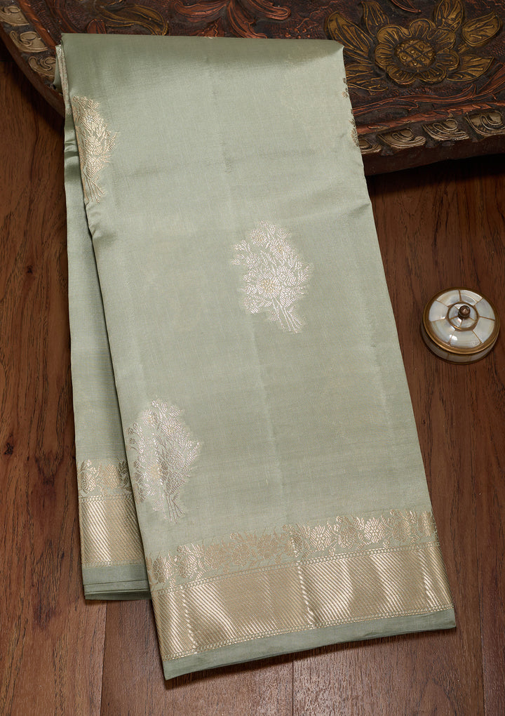 Pista Green Silk Buti Zariwork Saree With Matching Blouse Piece