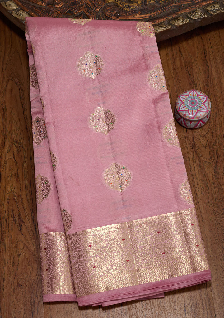 Baby Pink Silk Buti Gold Zariwork Saree With Matching Blouse Piece