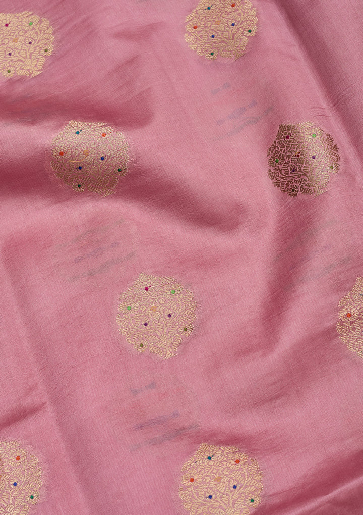 Baby Pink Silk Buti Gold Zariwork Saree With Matching Blouse Piece