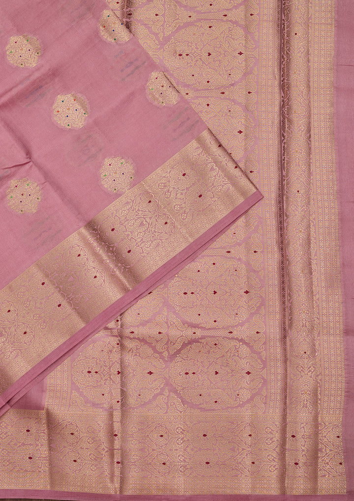 Baby Pink Silk Buti Gold Zariwork Saree With Matching Blouse Piece