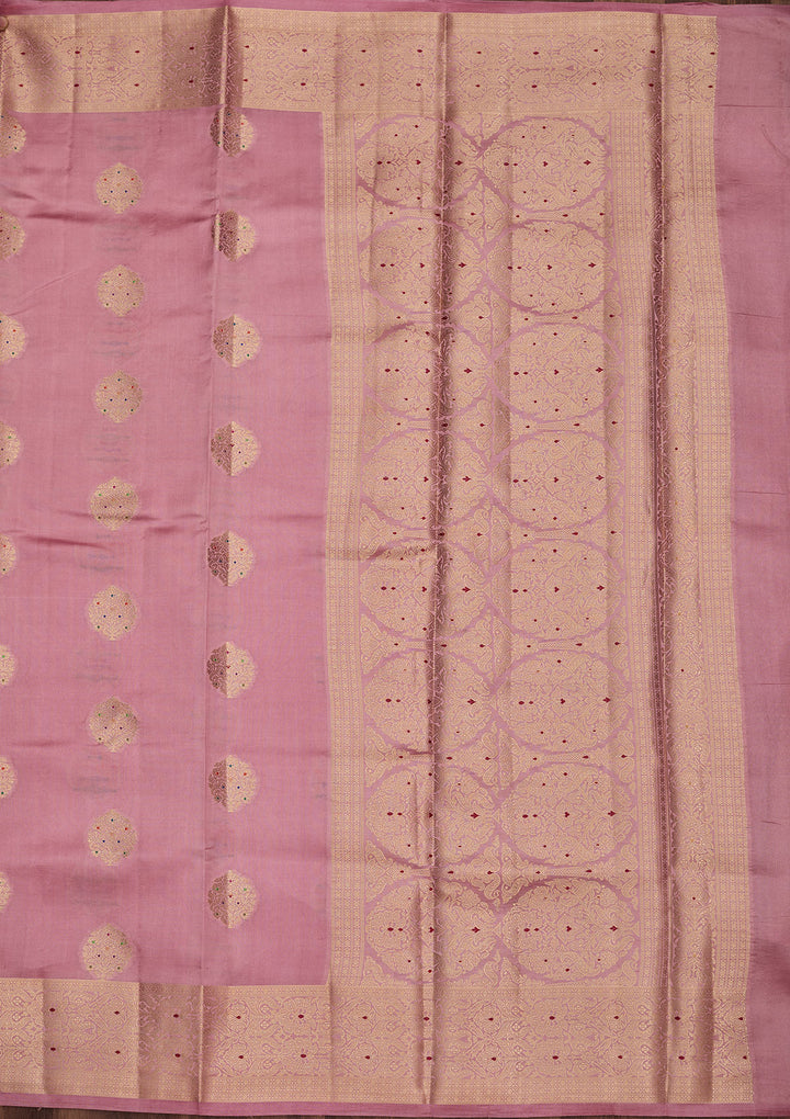 Baby Pink Silk Buti Gold Zariwork Saree With Matching Blouse Piece