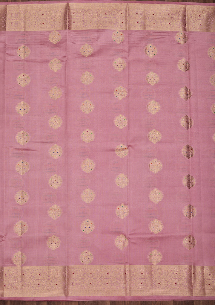 Baby Pink Silk Buti Gold Zariwork Saree With Matching Blouse Piece