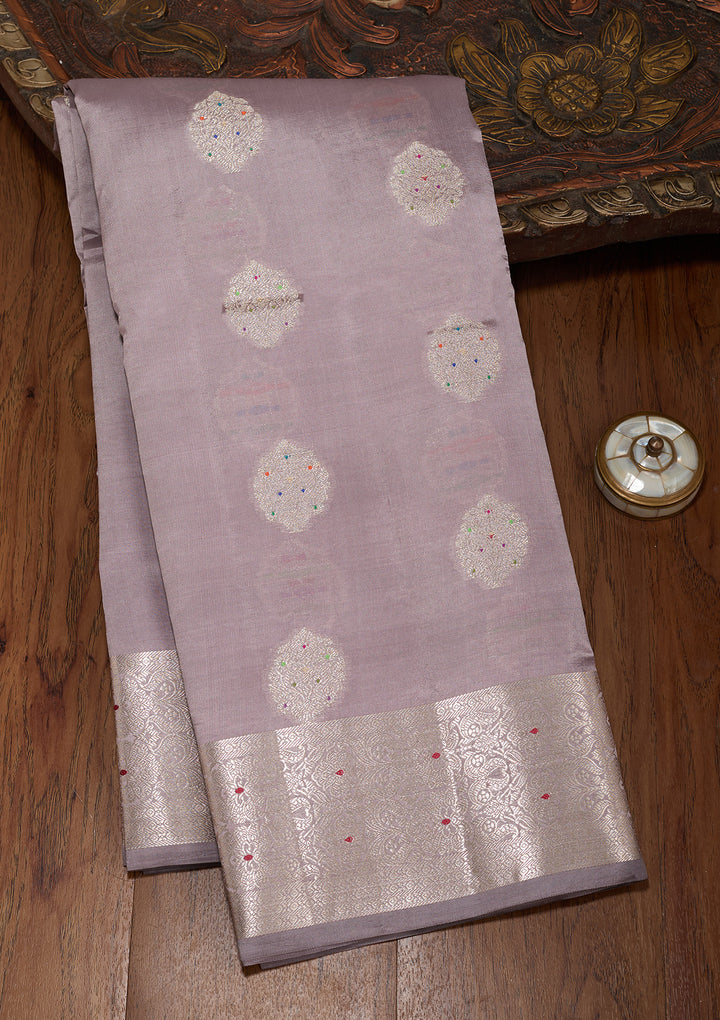 Mauve Silk Buti Gold Zariwork Saree With Matching Blouse Piece