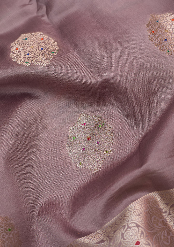 Mauve Silk Buti Gold Zariwork Saree With Matching Blouse Piece