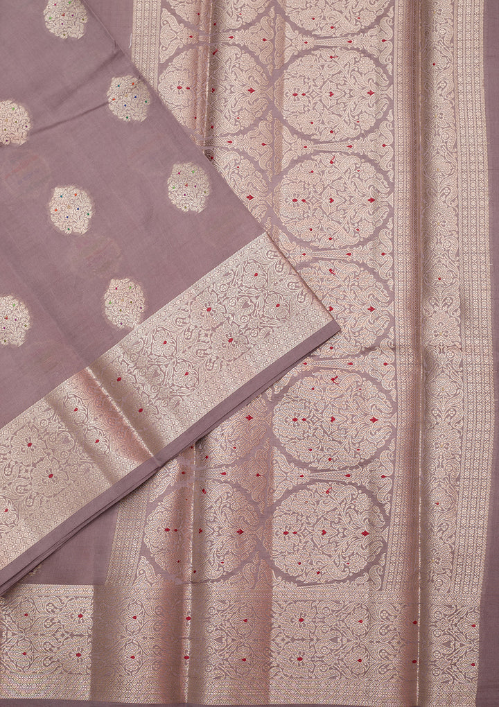 Mauve Silk Buti Gold Zariwork Saree With Matching Blouse Piece