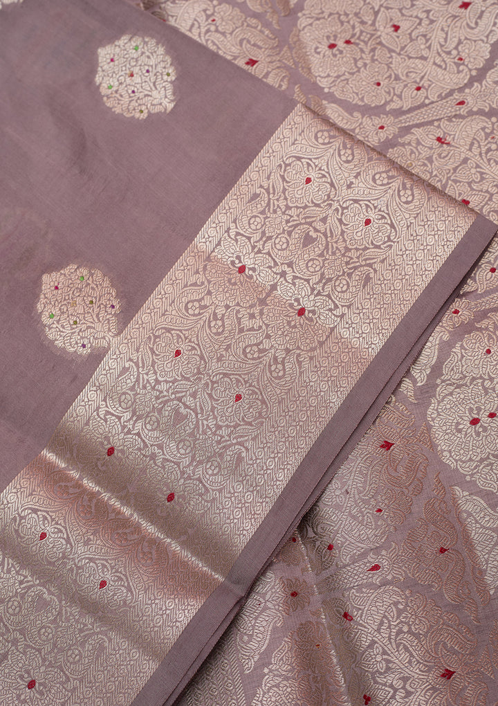 Mauve Silk Buti Gold Zariwork Saree With Matching Blouse Piece