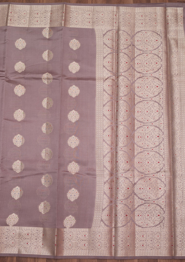 Mauve Silk Buti Gold Zariwork Saree With Matching Blouse Piece