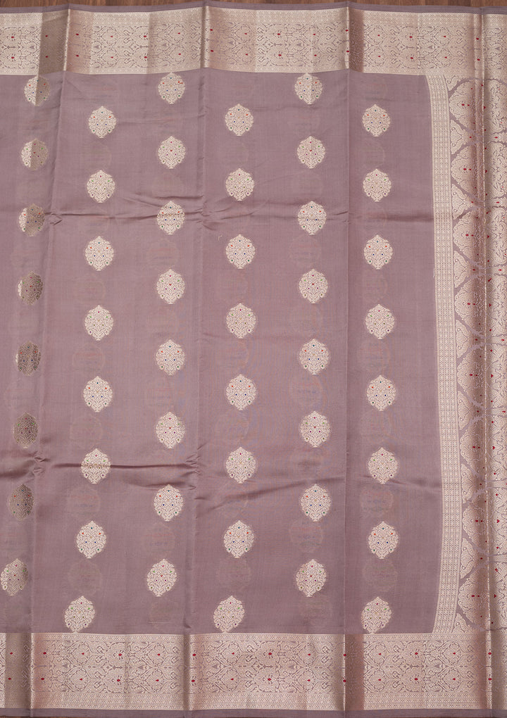 Mauve Silk Buti Gold Zariwork Saree With Matching Blouse Piece