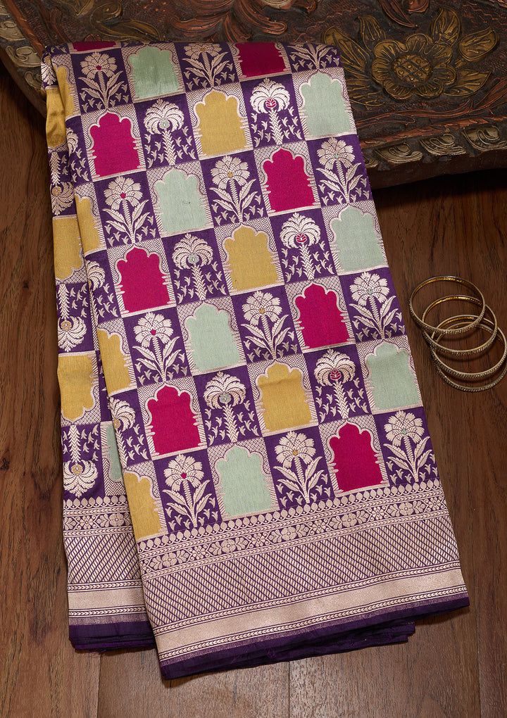 Purple Silk Jaal Zariwork Saree With Matching Blouse Piece