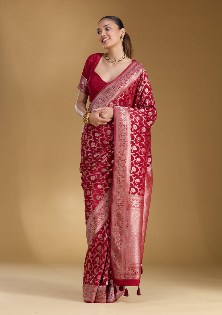 Maroon Silk Jaal Gold Zariwork Saree With Matching Blouse Piece