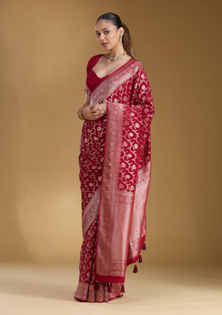 Maroon Silk Jaal Gold Zariwork Saree With Matching Blouse Piece