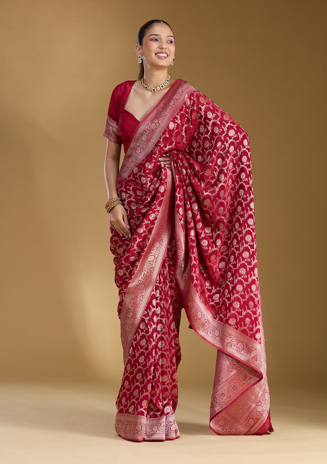 Maroon Silk Jaal Gold Zariwork Saree With Matching Blouse Piece