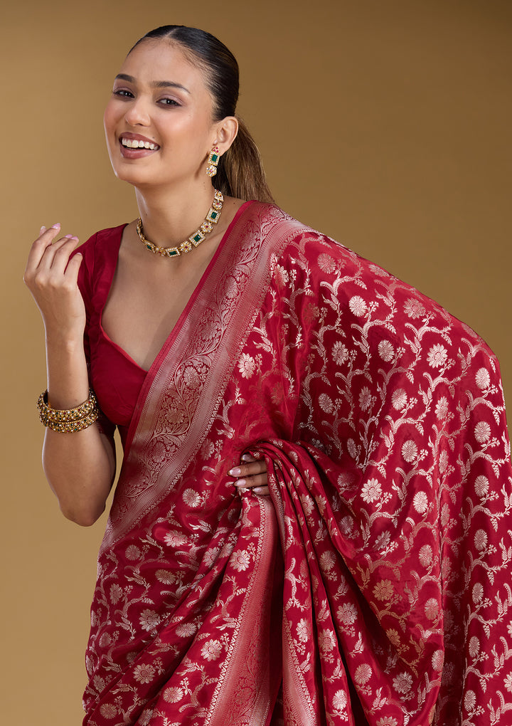 Maroon Silk Jaal Gold Zariwork Saree With Matching Blouse Piece