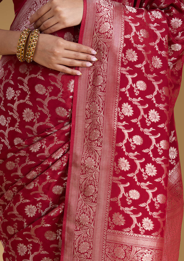 Maroon Silk Jaal Gold Zariwork Saree With Matching Blouse Piece