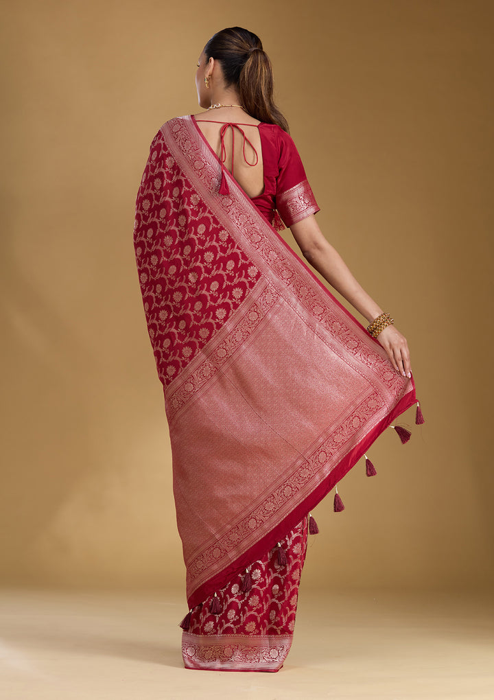 Maroon Silk Jaal Gold Zariwork Saree With Matching Blouse Piece