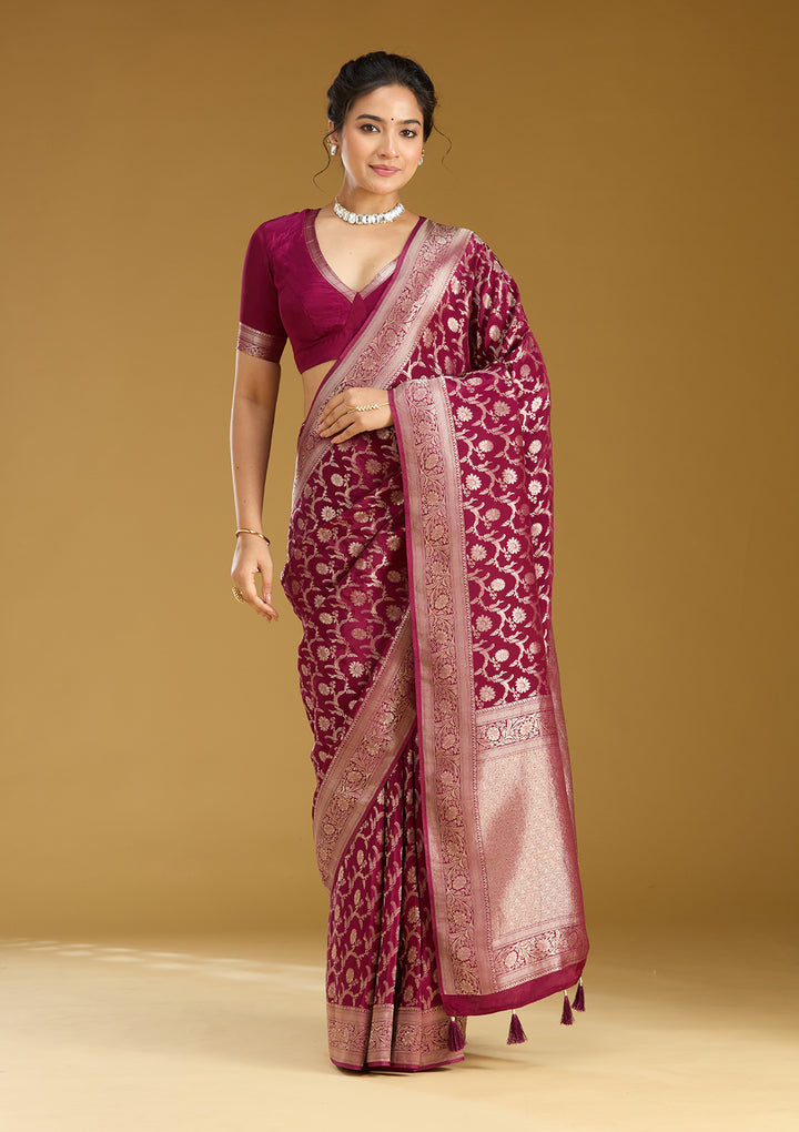 Wine Silk Jaal Gold Zariwork Saree With Matching Blouse Piece