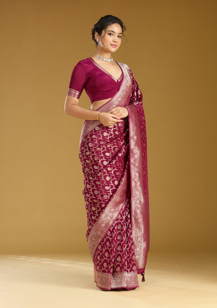 Wine Silk Jaal Gold Zariwork Saree With Matching Blouse Piece