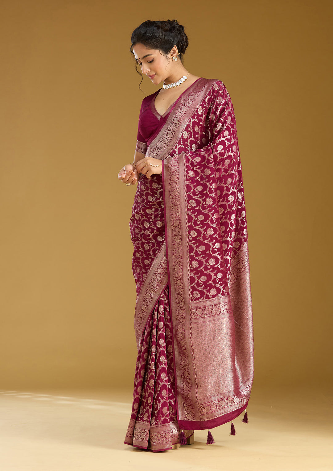Wine Silk Jaal Gold Zariwork Saree With Matching Blouse Piece