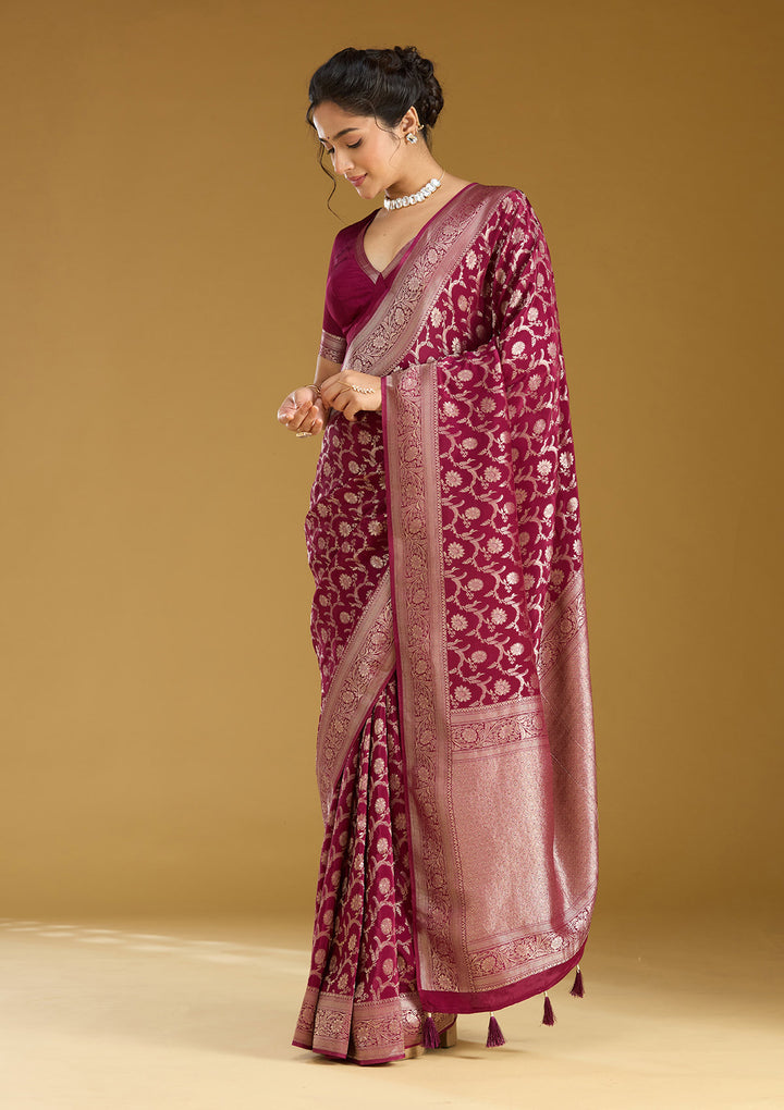 Wine Silk Jaal Gold Zariwork Saree With Matching Blouse Piece