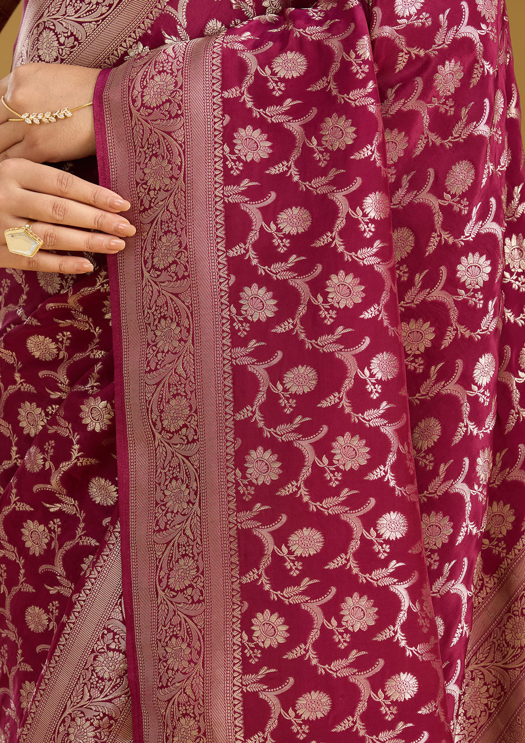 Wine Silk Jaal Gold Zariwork Saree With Matching Blouse Piece