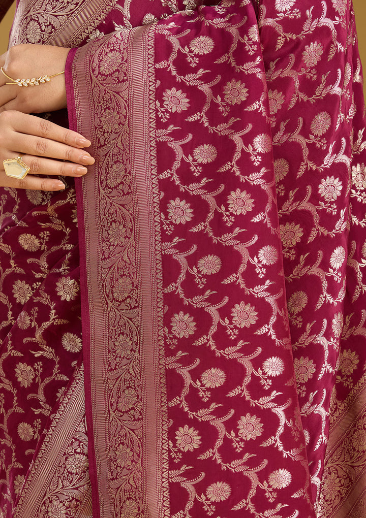 Wine Silk Jaal Gold Zariwork Saree With Matching Blouse Piece