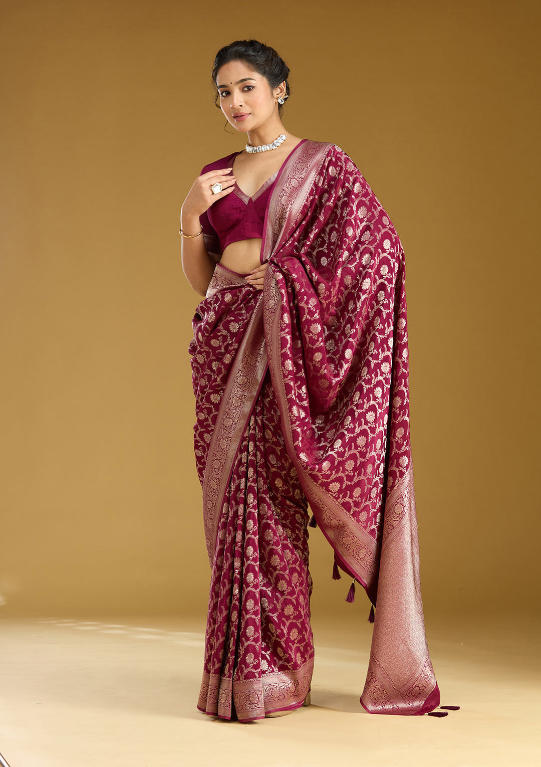 Wine Silk Jaal Gold Zariwork Saree With Matching Blouse Piece