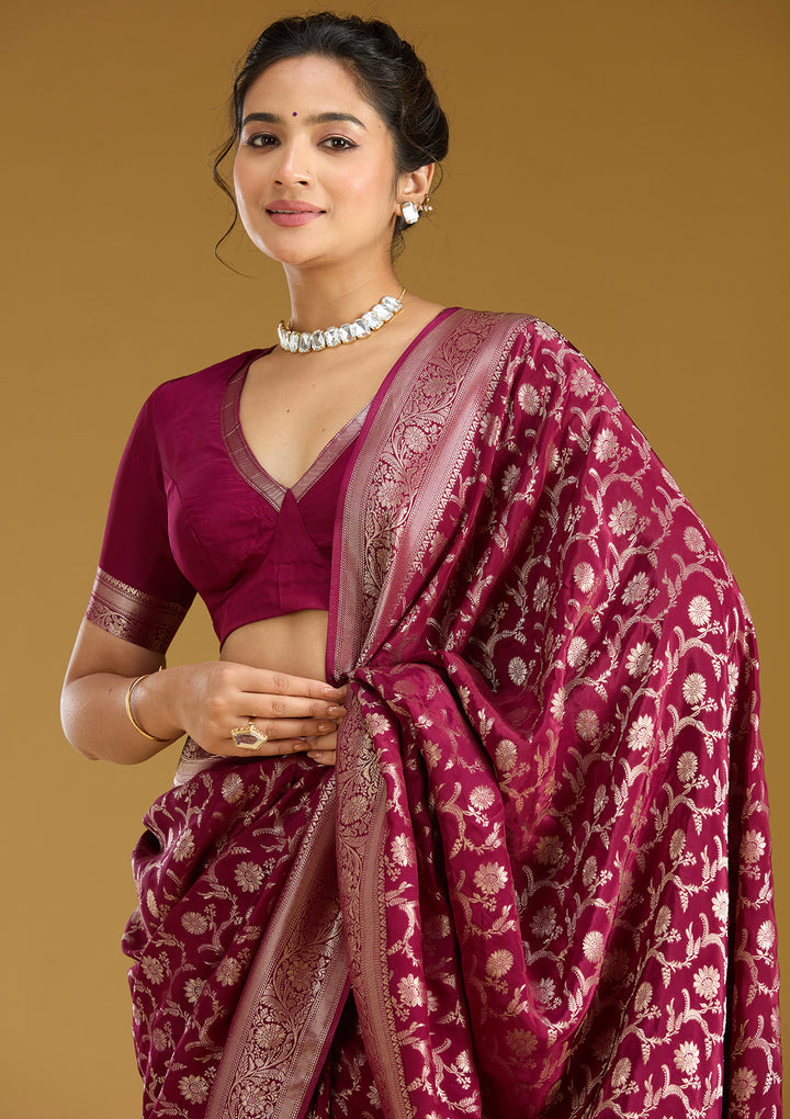 Wine Silk Jaal Gold Zariwork Saree With Matching Blouse Piece